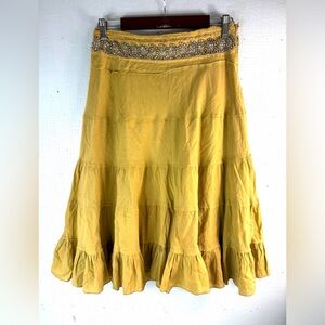 Dimri S Beaded Sequined Cotton Tiered Knee Skirt in Mustard